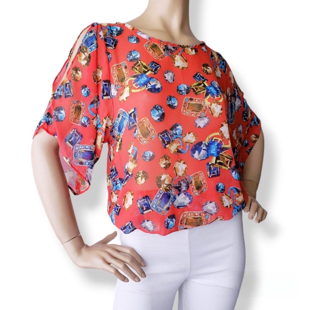 Teenplo Orange Red Diamond Print Chiffon Blouse
